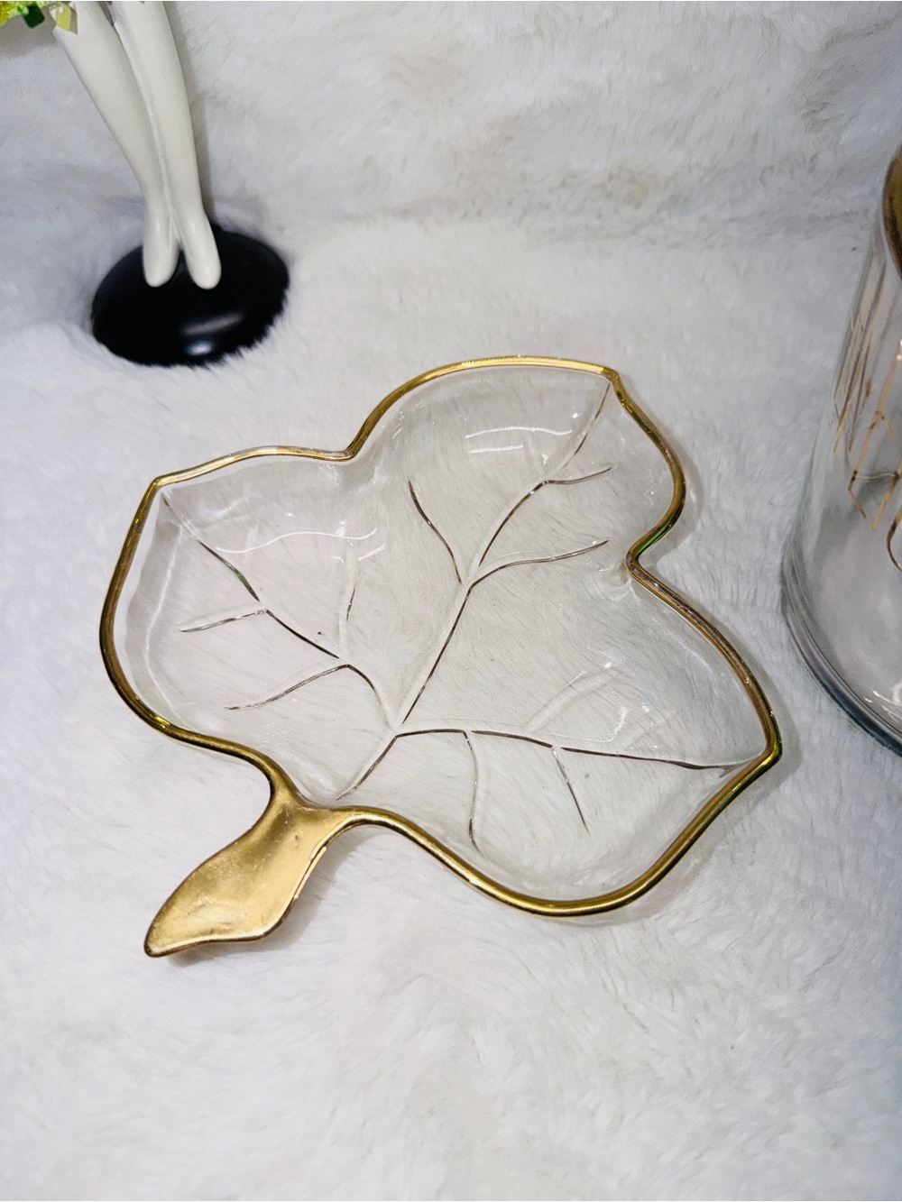 Gold Trim Glass Leaf Dish & Gold Lettered Glass Parfait or Ice Container 🧊 - Picture 2 of 4